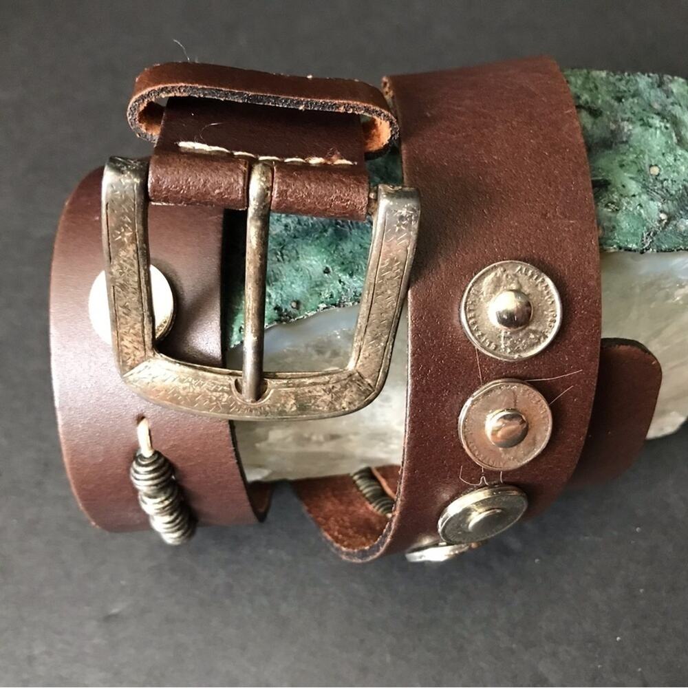 Brown Leather Belt with Coins and Coil Beads, Silver Hardware
